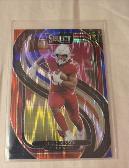 2024 Panini Select #198 Trey Benson Premier Level Red & Blue Shock Prizm Rookie Card — front