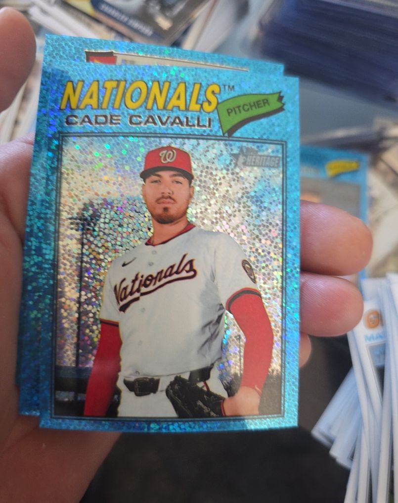 2026 Topps Heritage #68 Cade Cavalli Chrome Light Blue Sparkle — front