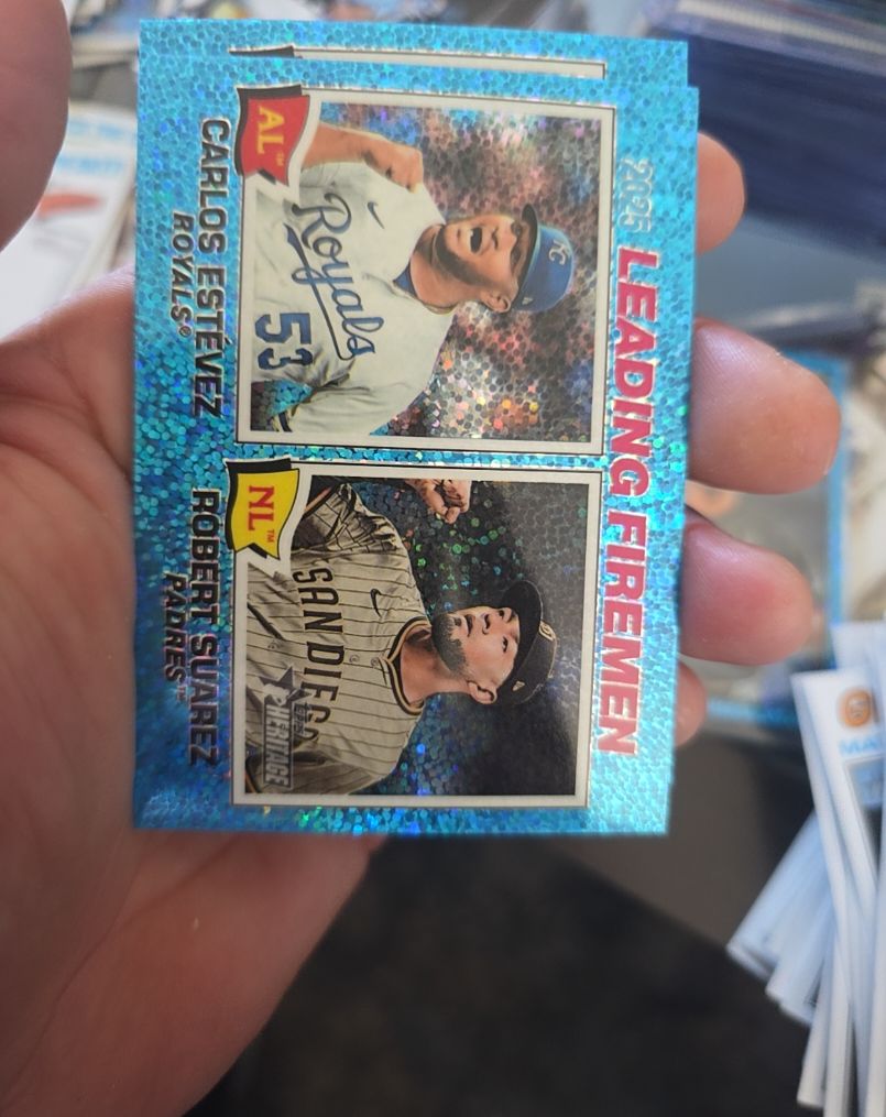 2026 Topps Heritage #8 2025 Leading Firemen Carlos Estevez & Robert Suarez — front