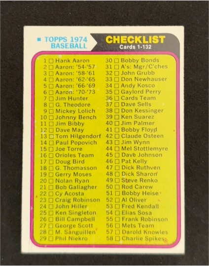 1974 Topps #126 Checklist Cards 1-132 — front
