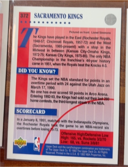 1991 Upper Deck #372 Sacramento Kings Team Card — front