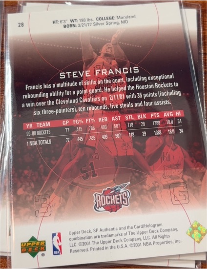 2000-01 Upper Deck Slam #20 Steve Francis — front
