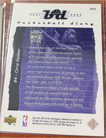 2001-02 Upper Deck Basketball Diary #BD3 Chris Webber — front