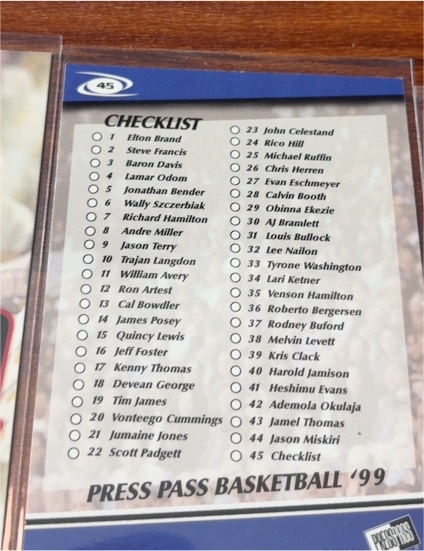1999 Press Pass Basketball #45 Checklist — front