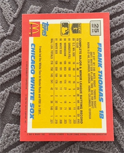 1992 Topps McDonald's Baseball's Best #25 Frank Thomas — front