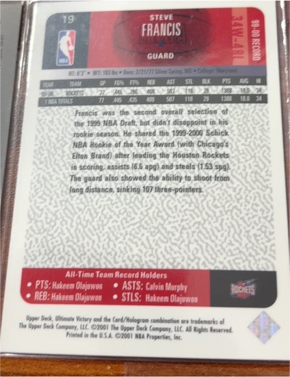 1999-00 Upper Deck #19 Steve Francis — front