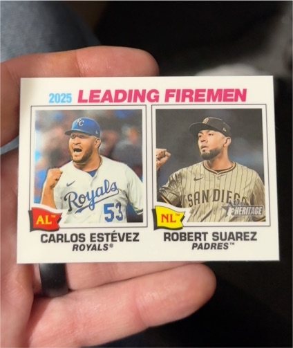 2026 Topps Heritage #8 2025 Leading Firemen Carlos Estévez / Robert Suarez — front