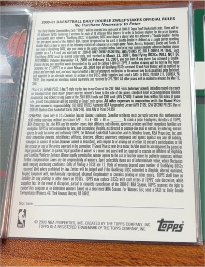 2000-01 Topps Basketball Daily Double Sweepstakes Official Rules — front