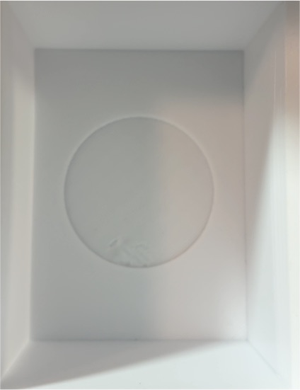 Empty white square container insert with circular depression — front