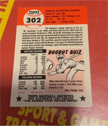 1991 Topps Archives 1953 Reprint #302 Martin Whiteford Marion — front
