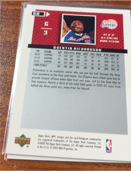 2000-01 Upper Deck #221 Quentin Richardson Los Angeles Clippers — front
