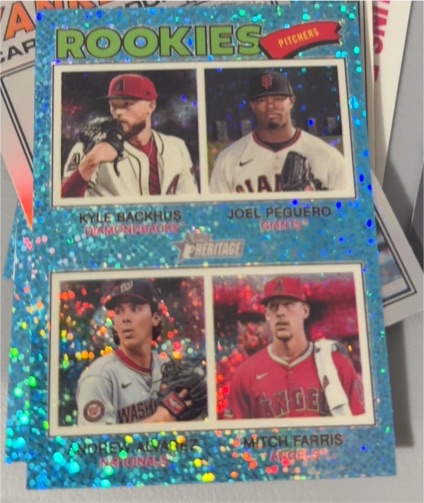 2026 Topps Heritage #393 Rookie Pitchers Kyle Backhus Joel Peguero Luis Alvarez Mitch Farris — front