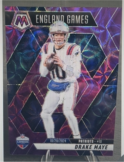 2025 Panini Mosaic #258 Drake Maye England Games Reactive Purple Prizm Patriots — front