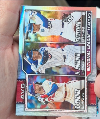 2026 Topps Series 1 #151 National League Leaders Batting Average Rainbow Foil Trea Turner / Nico Hoerner / Freddie Freeman — front