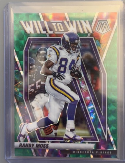 2021 Panini Mosaic #WW-19 Randy Moss Will to Win Green Mosaic Prizm — front