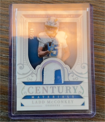 2024 Panini National Treasures #CM-LMY Ladd McConkey Century Materials #/99 — front
