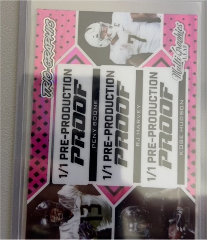 2024 Leaf Metal Football Multi Graphics Trio-Graphic MTG-19 Peny Boone / R.J. Harvey / Kobe Hudson — front