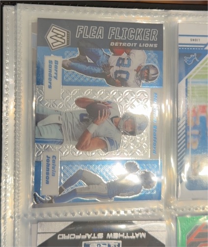 2020 Panini Mosaic #FF7 Flea Flicker Barry Sanders, Matthew Stafford, Calvin Johnson — front