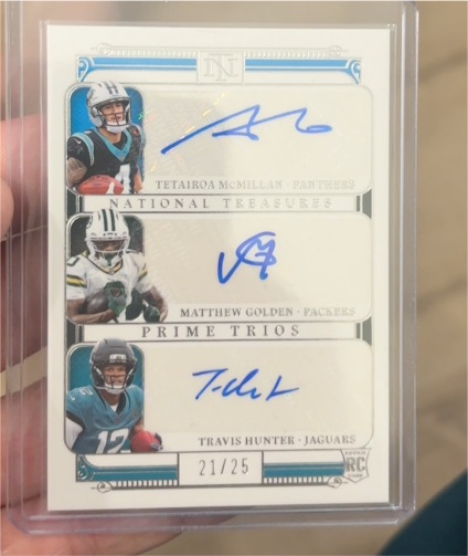 2025 Panini National Treasures Prime Trios #PT-JAX Tetairoa McMillan / Matthew Golden / Travis Hunter — front