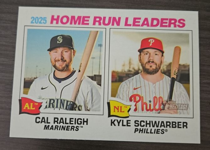2026 Topps Heritage #2 2025 Home Run Leaders Cal Raleigh & Kyle Schwarber — front