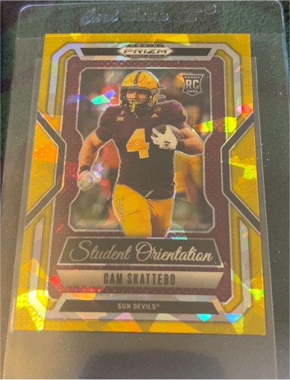 2025 Panini Prizm Draft Picks #16 Cam Skattebo Student Orientation Gold Ice Prizm RC — front