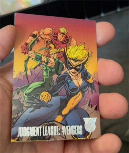 1996 Fleer Skybox #18 Judgment League: Avengers Canary Goliath Hawkeye — front