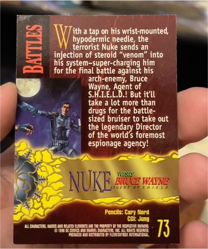 1996 Skybox Amalgam #73 Nuke versus Bruce Wayne — front