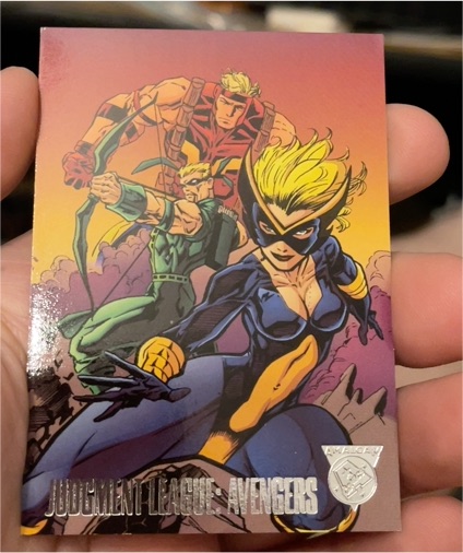 1996 Fleer Skybox DC Marvel Amalgam #18 Judgment League: Avengers Canary Goliath Hawkeye — front