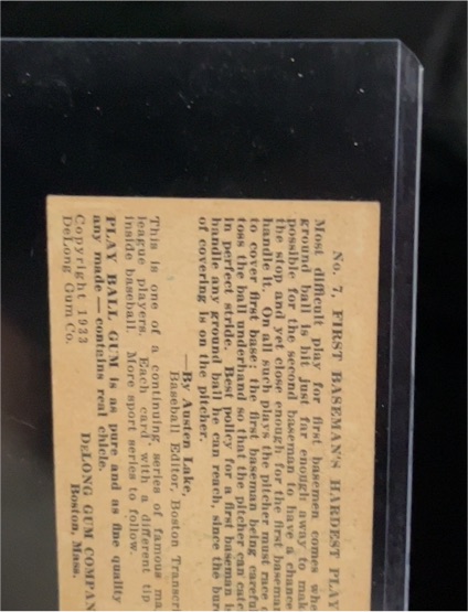 1933 DeLong #7 First Baseman Hardest Player — front