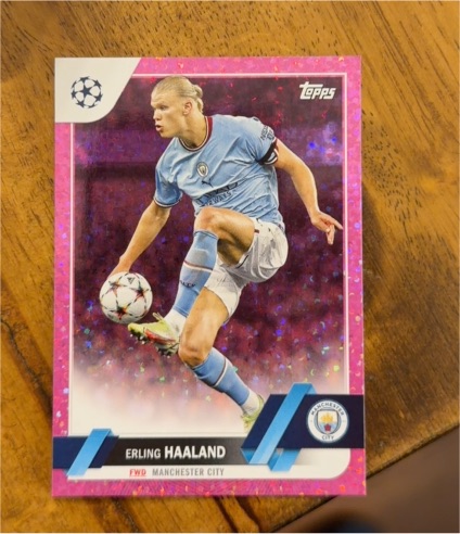 2022-23 Topps UEFA Club Competitions #99 Erling Haaland Pink Sparkle Manchester City — front