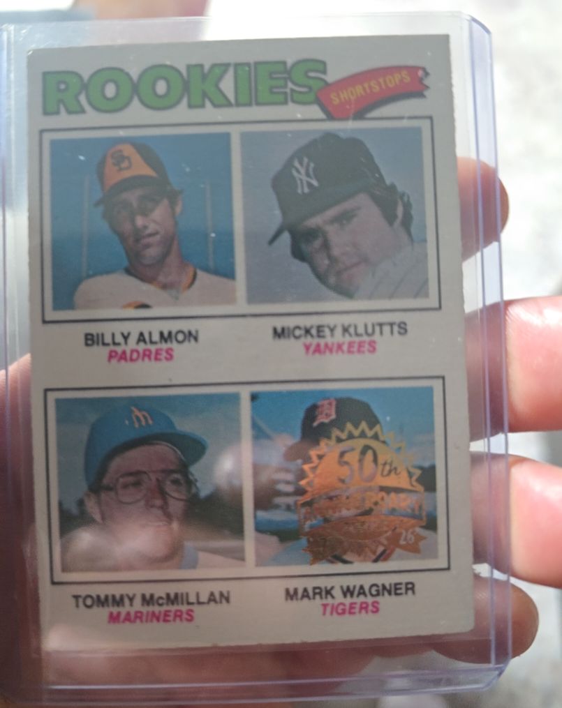 1977 Topps #490 Rookie Shortstops Billy Almon Mickey Klutts Tommy McMillan Mark Wagner — front