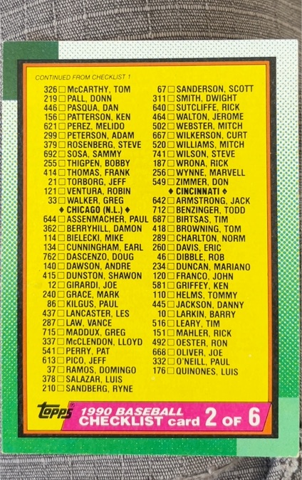 1990 Topps Baseball Checklist #262 — front