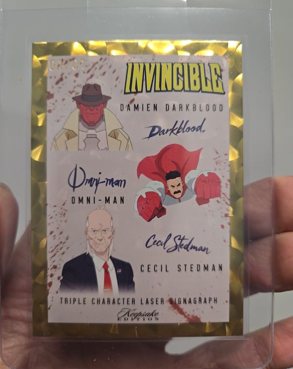 2025 Keepsake Invincible #424 Triple Character Laser Signagraph Damien Darkblood Omni-Man Cecil Stedman — front
