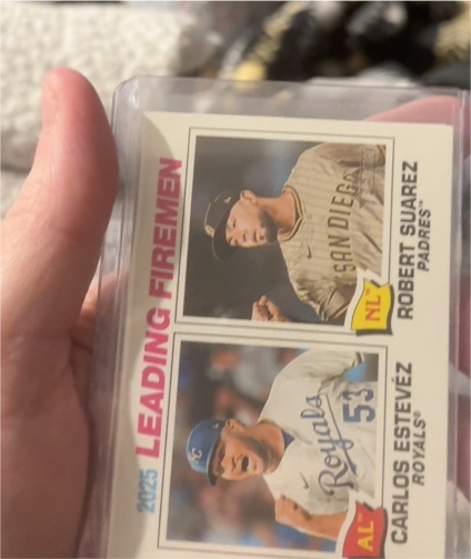 2026 Topps Heritage #8 2025 Leading Firemen Carlos Estevez / Robert Suarez — front