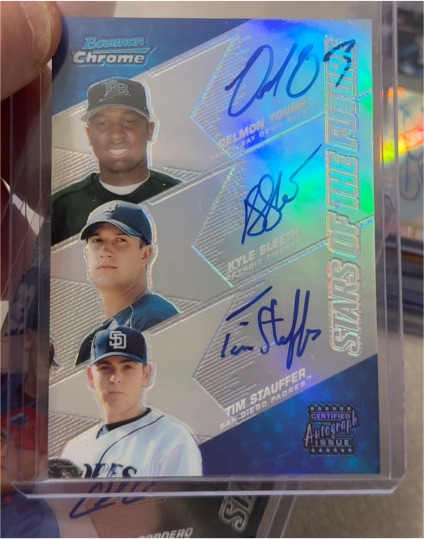 2004 Bowman Chrome #SOF-YSS Delmon Young/Kyle Sleeth/Tim Stauffer — front