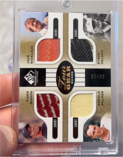 2012 Upper Deck SP Game Used Tour Gear Quads #TG4-JNBNTP Jack Nicklaus Byron Nelson Tiger Woods Arnold Palmer — front