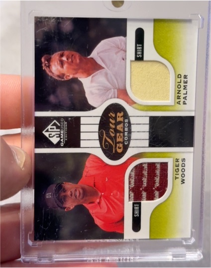 2013 Upper Deck SP Game Used Dual Relic #TG2TA Tiger Woods / Arnold Palmer Tour Gear Combos — front