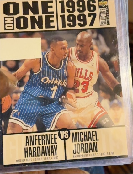 1996-97 Upper Deck Collector's Choice One on One #356 Michael Jordan vs Anfernee Hardaway — front