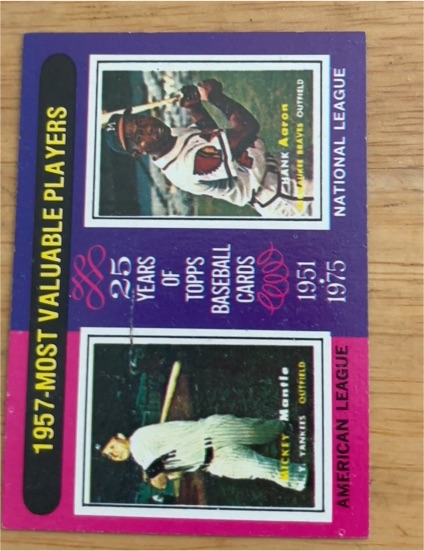 1975 Topps #195 Most Valuable Players Mickey Mantle Hank Aaron — front