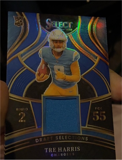 2025 Panini Select #DSM-THS Tre Harris Draft Selections Blue Jersey Patch — front