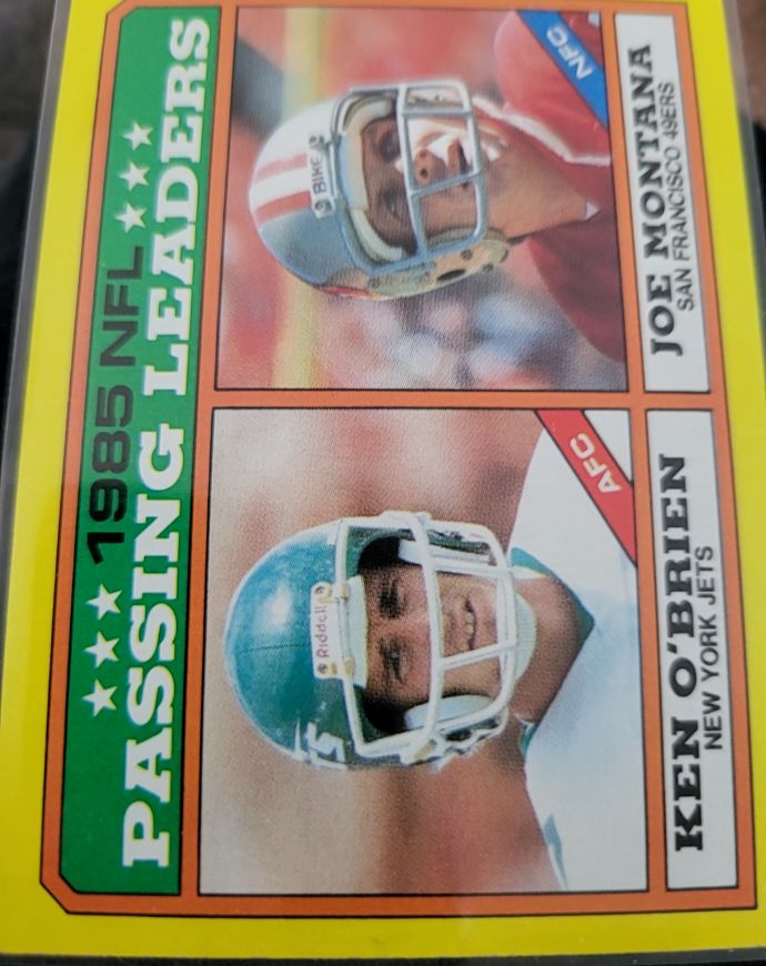 1986 Topps #225 Ken O'Brien / Joe Montana Passing Leaders — front