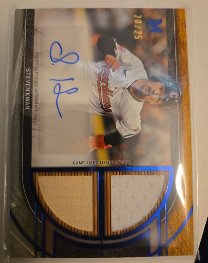 2025 Topps Museum Collection #SPDRA-SK Steven Kwan Dual Relic Autograph — front