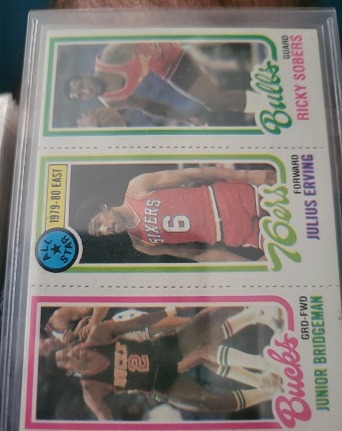1980-81 Topps #49-1-146 Julius Erving, Junior Bridgeman, Ricky Sobers — front