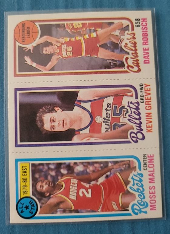 1980-81 Topps Basketball #7 Moses Malone / #247 Kevin Grevey / #52 Dave Robisch — front