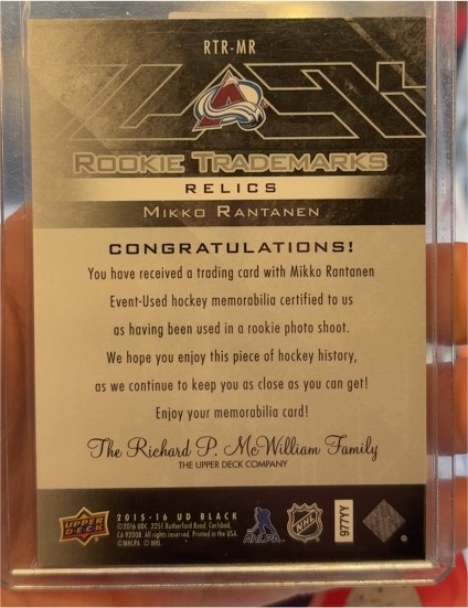 2015-16 Upper Deck Black Rookie Trademarks Relics #RTR-MR Mikko Rantanen — front