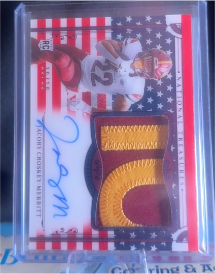 2025 Panini National Treasures Jacory Croskey-Merritt Stars & Stripes RPA Patch Auto — front