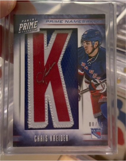 2012 Panini Prime Namesakes Chris Kreider #K Patch Auto — front