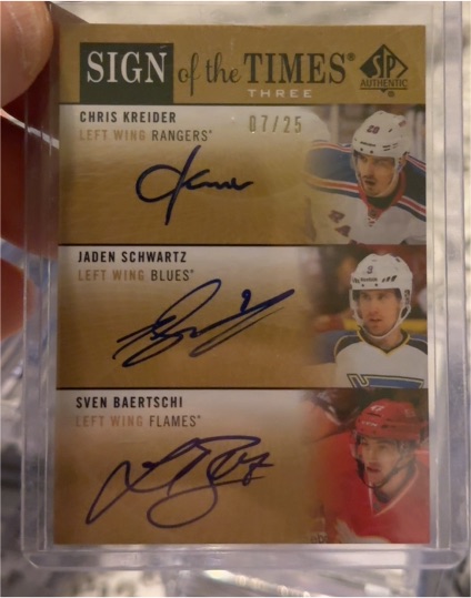 2012 SP Authentic Sign of the Times Three #SOT3-KSB Chris Kreider/Jaden Schwartz/Sven Baertschi — front