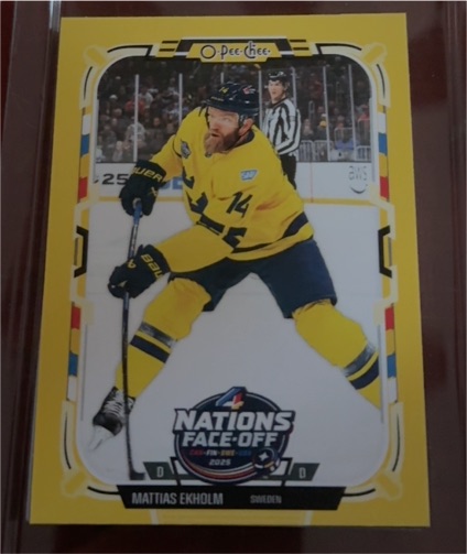 2025-26 O-Pee-Chee #527 Mattias Ekholm 4 Nations Face-Off Sweden — front