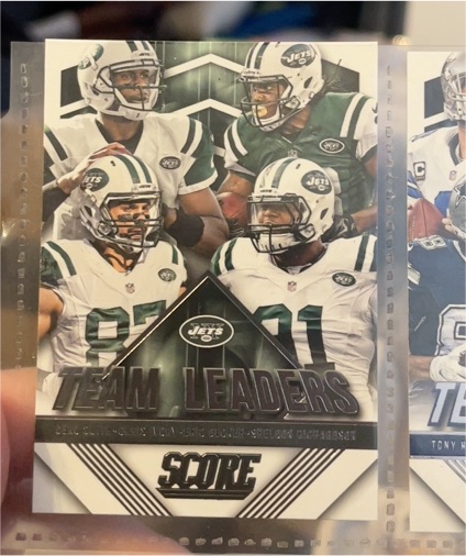 2015 Panini Score #4 Team Leaders Geno Smith, Chris Ivory, Eric Decker, Sheldon Richardson — front